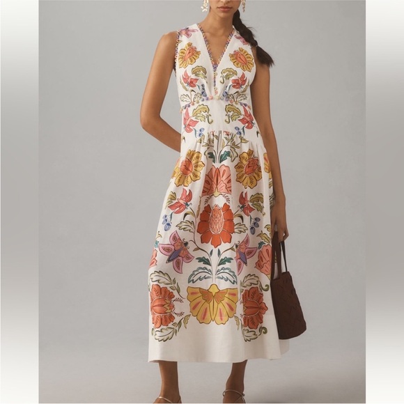 FARM Rio Dresses & Skirts - Farm Rio x Anthropologie Floral V-Neck Linen Maxi Dress